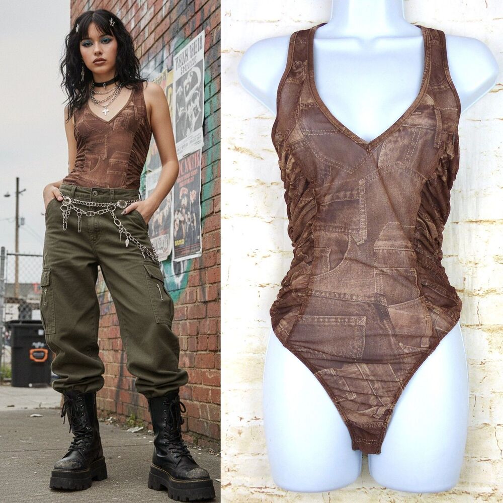 Y2K Bodysuit Women M Brown Jean Pocket Trompe Loeil Mesh Sheer Ruched V-neck VTG